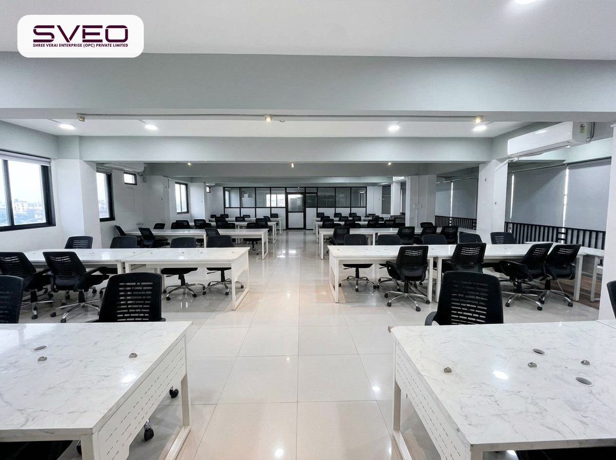 Large shared workspace with desks inside the SVEO office